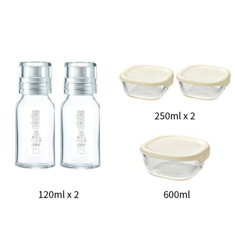 《HARIO》斯利姆調味油醋瓶+玻璃保鮮盒 5件組(白色調味瓶120mlx2支+保鮮盒250mlx2+600ml)