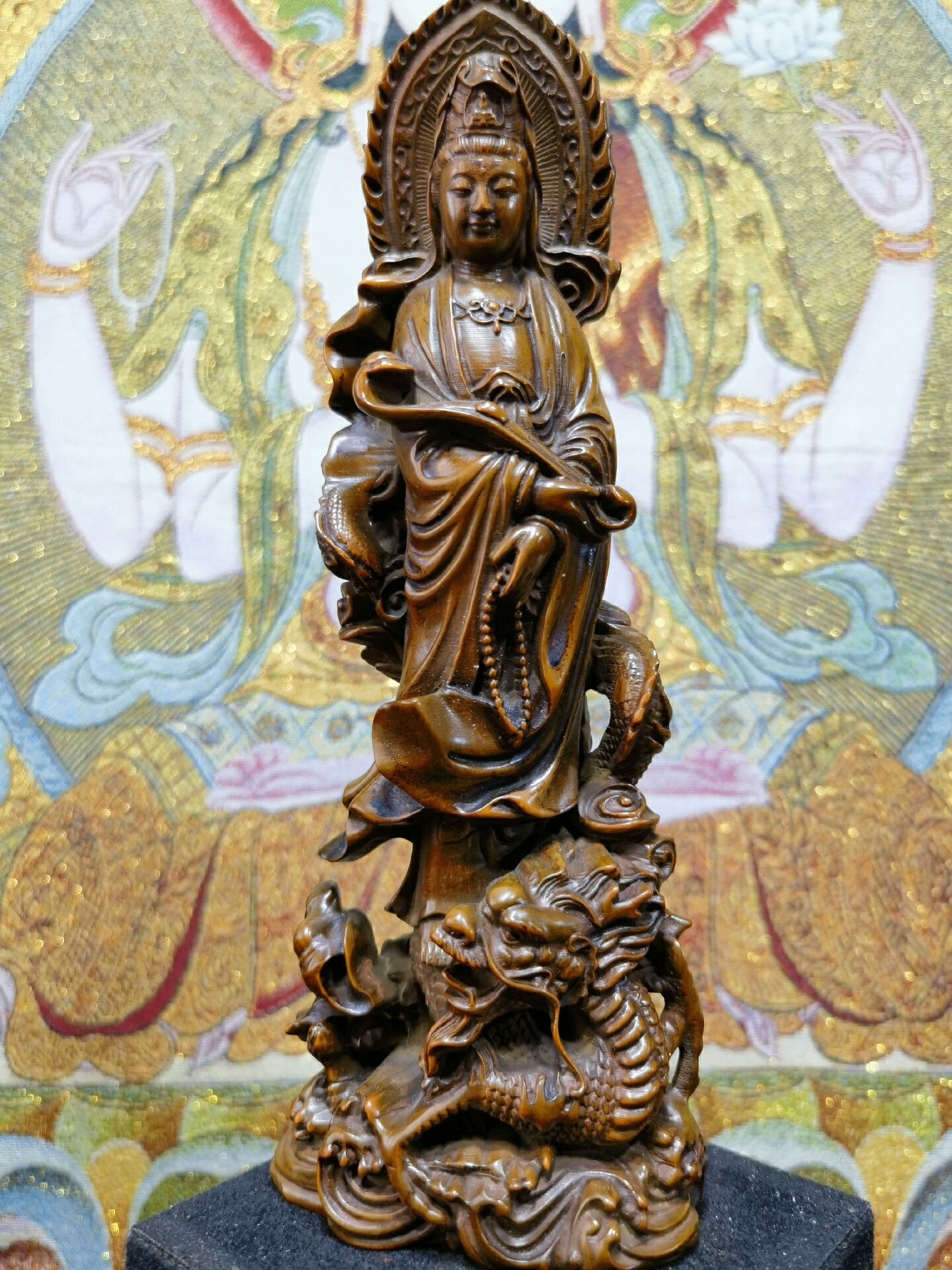 老黃楊木雕～觀世音菩薩，全品相，高20直徑7.5厘米，重約1