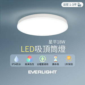 【EVERLIGHT億光】18W 星平 LED防水吸頂筒燈 1年保固(白光/黃光)
