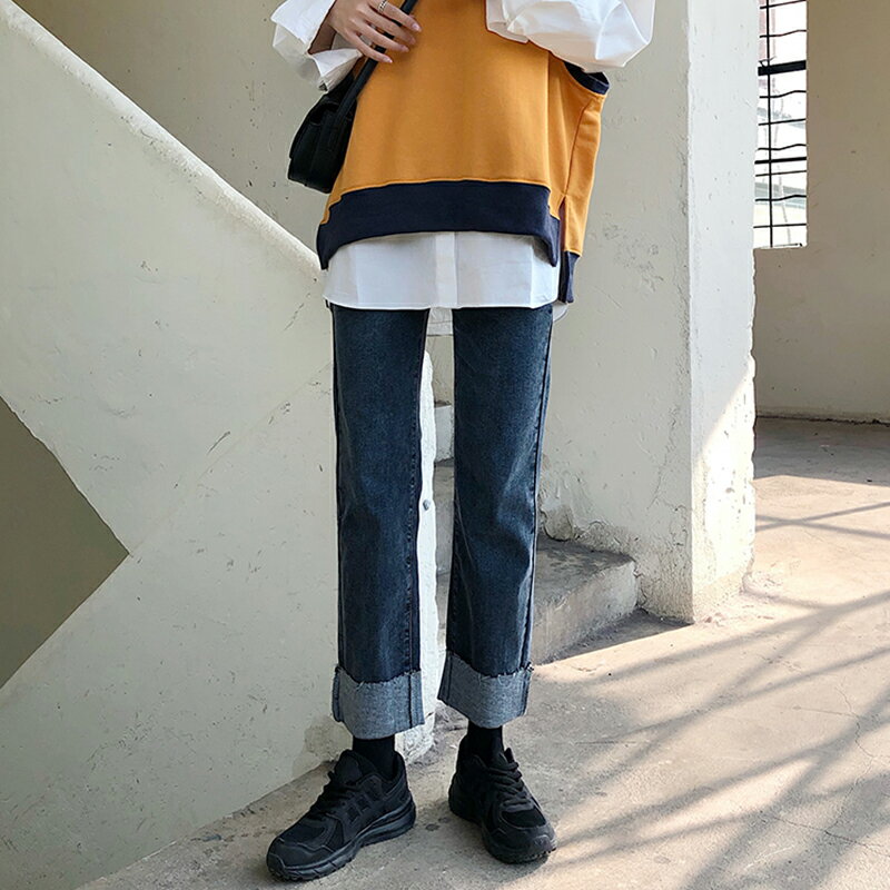 韓版復古卷邊高腰牛仔褲女寬松直筒褲子女顯瘦百搭秋冬款彈力長褲1入