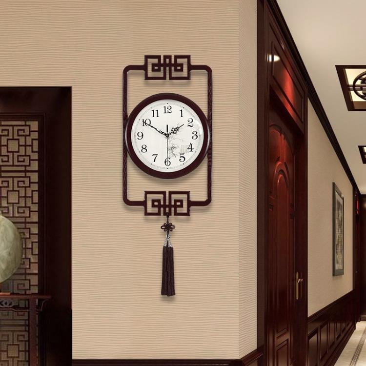 新中式掛鐘家用客廳中國風鐘表簡約裝飾靜音創意大木質時鐘 全館免運