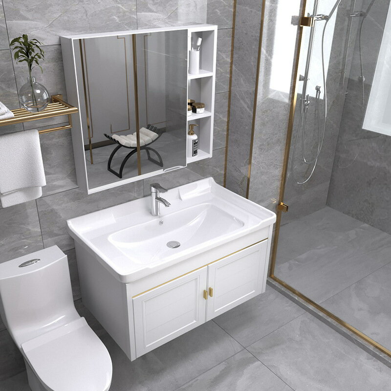 白色太空鋁浴室櫃組合輕奢陽臺洗手盆櫃衛浴櫃小戶型衛生間吊櫃