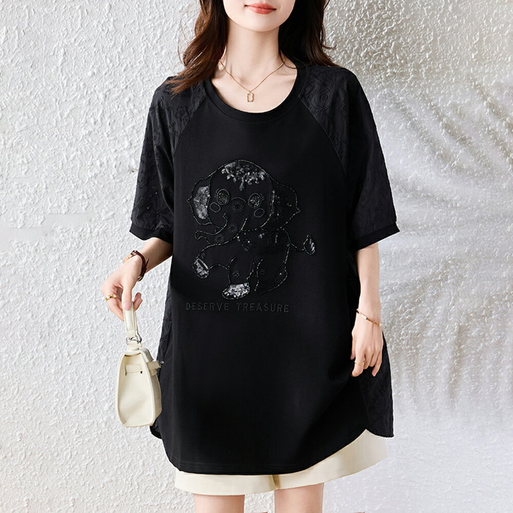 ＊ORead＊釘珠刺繡拼接短袖圓領上衣(黑色L~5XL)【限定加碼✿全館滿額再折】