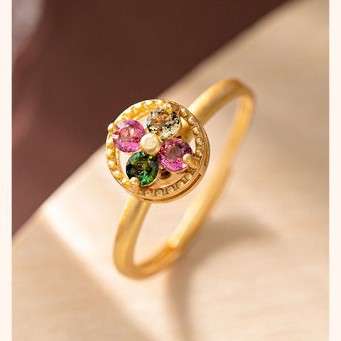 鍍金復古18K金彩色花朵開口時尚橄欖色粉鉆香檳指環飾品女士戒指