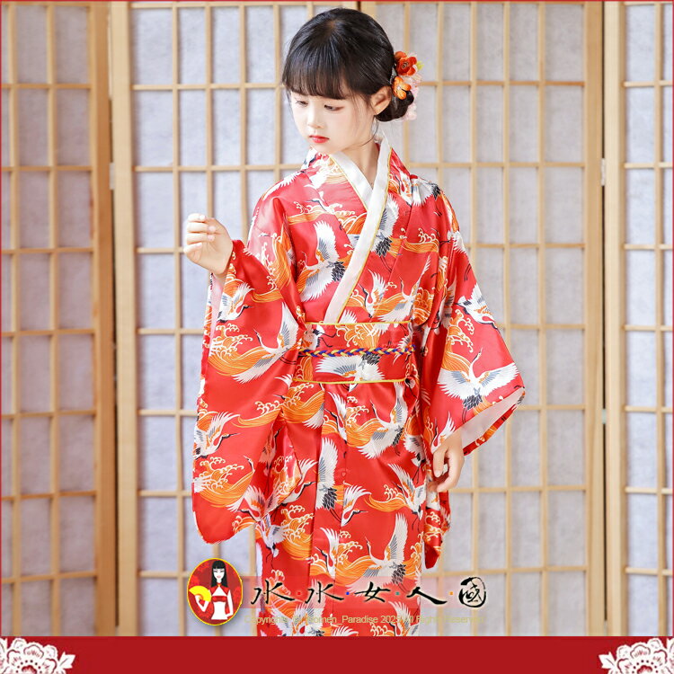 日式女童和服 復古印花小女孩睡袍蝴蝶結腰帶浴衣套裝｜紅色仙鶴｜水水女人國