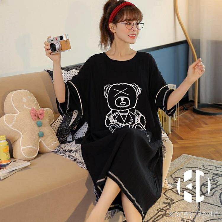 睡裙女春夏季中長款短袖純棉大碼寬鬆孕婦睡衣休閒可外穿【聚物優品】
