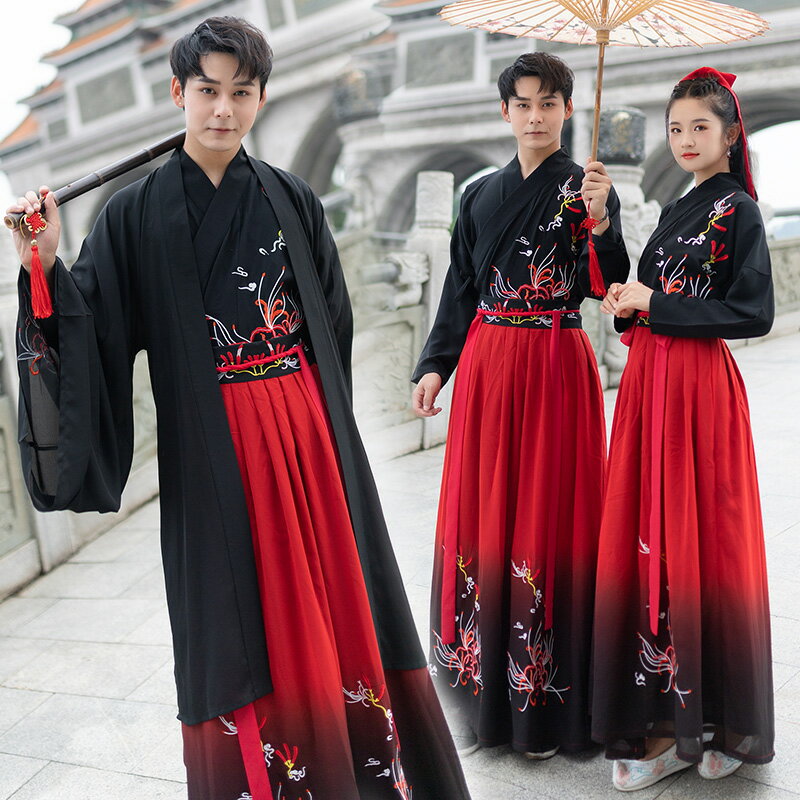 中國風原創日常改良漢服女復古傳統刺繡花男女情侶CP裝武俠風套裝1入