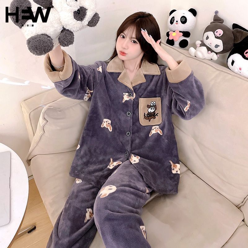 2024秋冬新款睡衣女加絨加厚珊瑚絨保暖可愛卡通家居服法蘭絨套裝