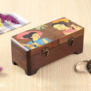 泰國木質復古首飾盒彩繪柚木長方形耳環飾品首飾收納家用儲物盒