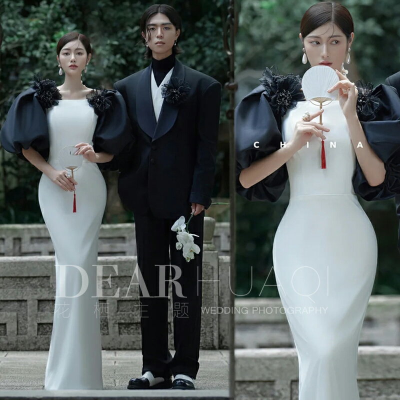 影樓新款復古改良中國風優雅魚尾泡泡袖禮服情侶主題婚紗攝影服裝