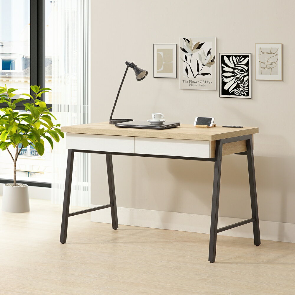 【直人木業】綠建材彩妝板溫馨系列附USB插座書桌112公分｜APP結帳再賺4%點數#質感好宅生活 1