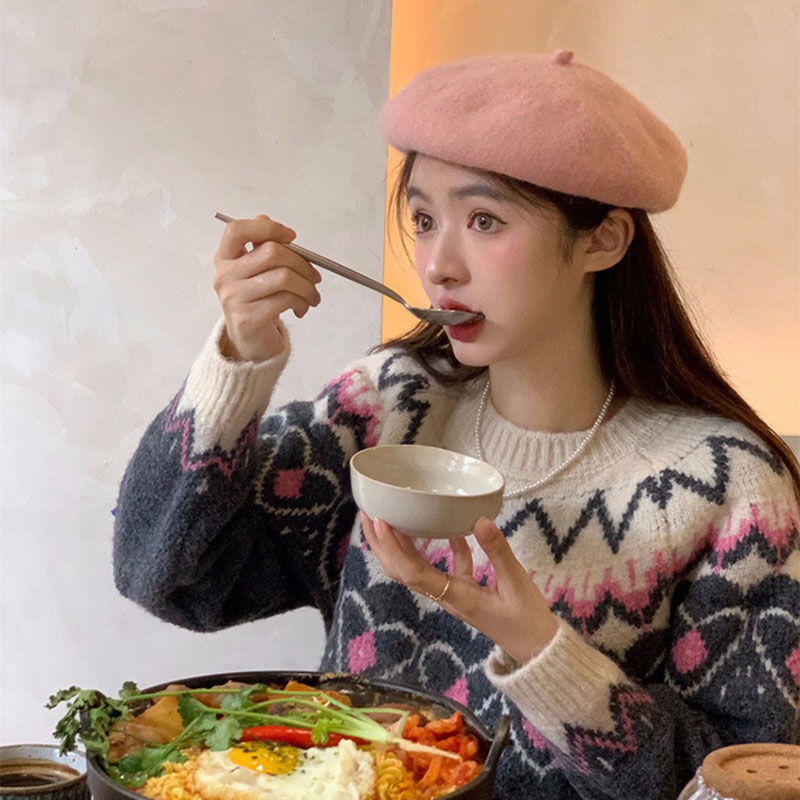 ANNAS 粉色聖誕毛衣 復古編織圖騰針織衫 愛心花紋可愛慵懶少女風 2