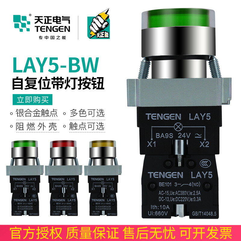 天正帶燈按鈕開關LAY5/BV6-BW3361/3462啟動停止自復位平頭LED燈