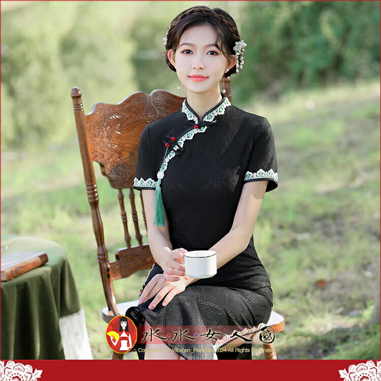 修身顯瘦旗袍新款中國風復古年輕款小個子少女改良氣質日常宴會小禮服裙女洋裝-冰清玉潔(黑色)-水水女人國