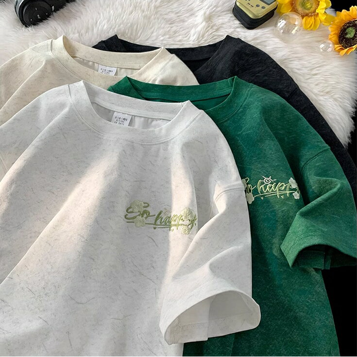 天絲棉冰絲T恤男生夏季男裝重磅短袖男士美式刺繡半袖【繁星小鎮】