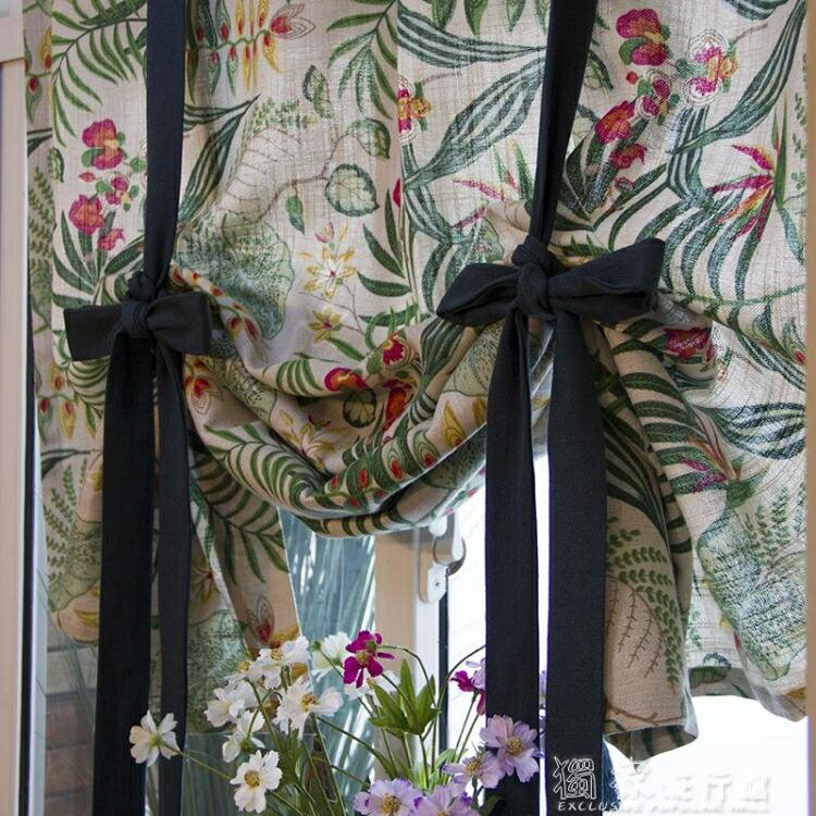 【優選百貨】窗紗簾北歐綠色幾何植物美式復古提拉簾廚房 1