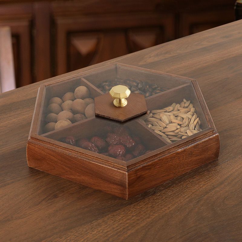 掛鐘 時鐘 客廳時鐘 新中式實木干果收納盒糖果盒家用客廳茶幾分格帶蓋輕奢六角堅果盤