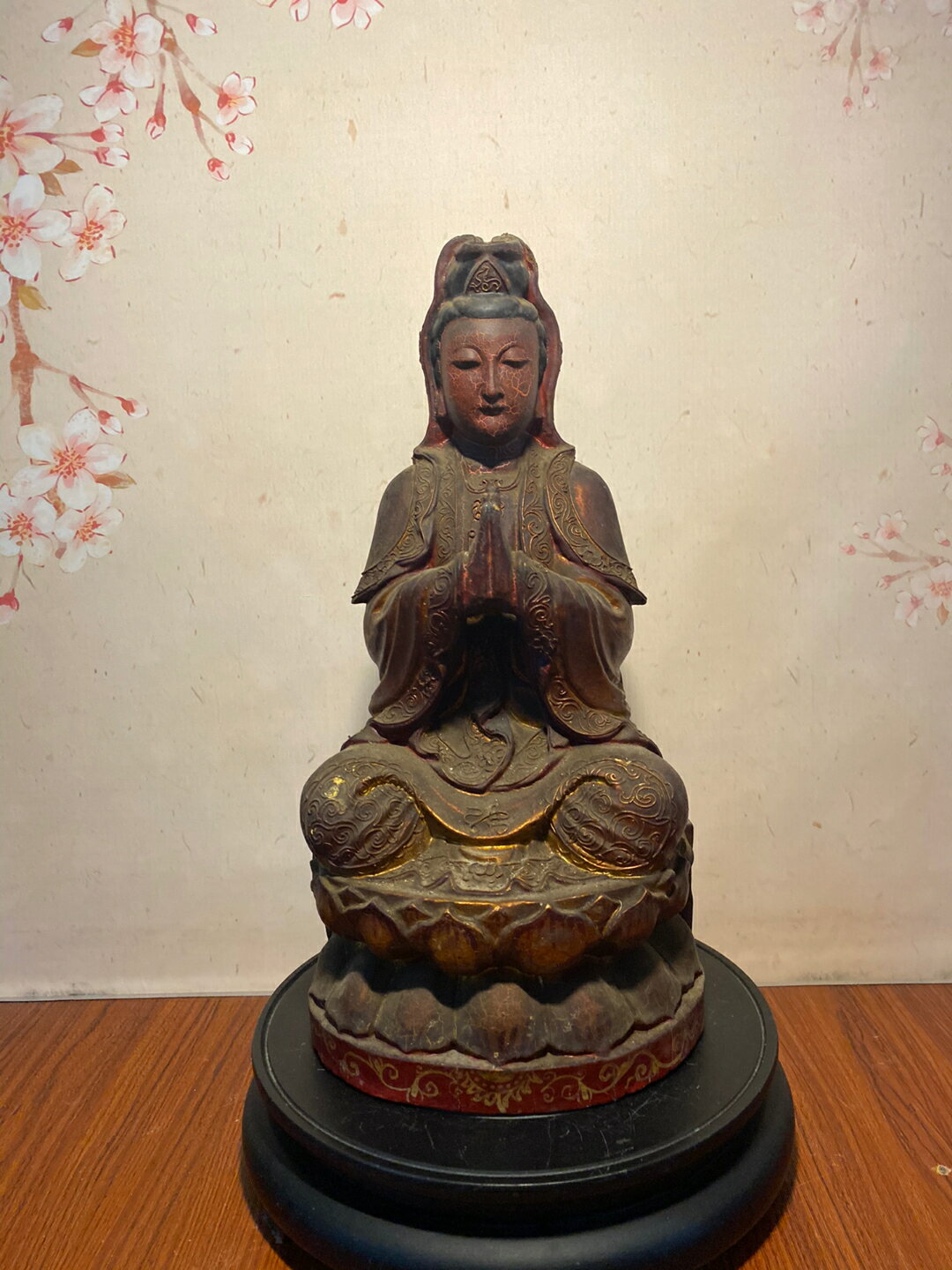 民國時期古體老木雕造像，觀音菩薩，開臉莊嚴慈悲，五官秀氣逼真