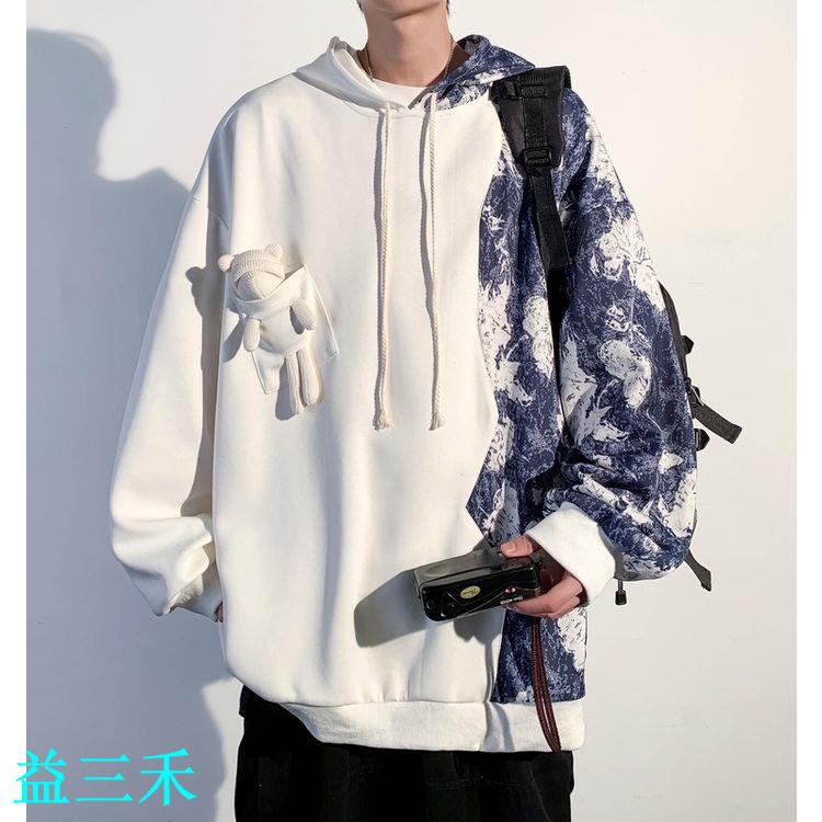 小熊玩偶衛衣男春秋季設計感小眾拼接撞色連帽衫大碼寬松美式外套-益三禾