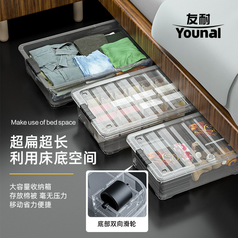 熱銷/免運費 友耐扁平床底下收納盒帶輪蓋子防塵大號儲物箱家用方形透明收納箱