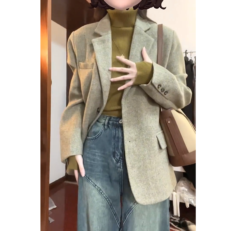 卡其色呢子大衣女2024秋冬新款毛呢外套高階感小個子韓系短款西裝【淘夢屋】