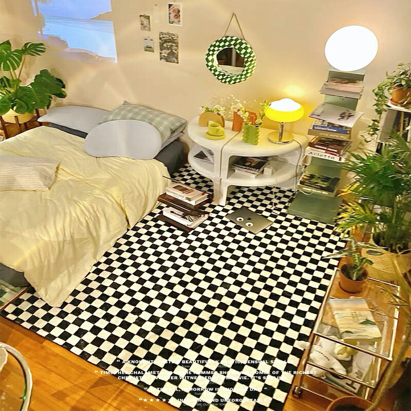 潮牌棋盤格地毯客廳個性黑白綠格子床邊毯臥室潮流ins風地墊定製