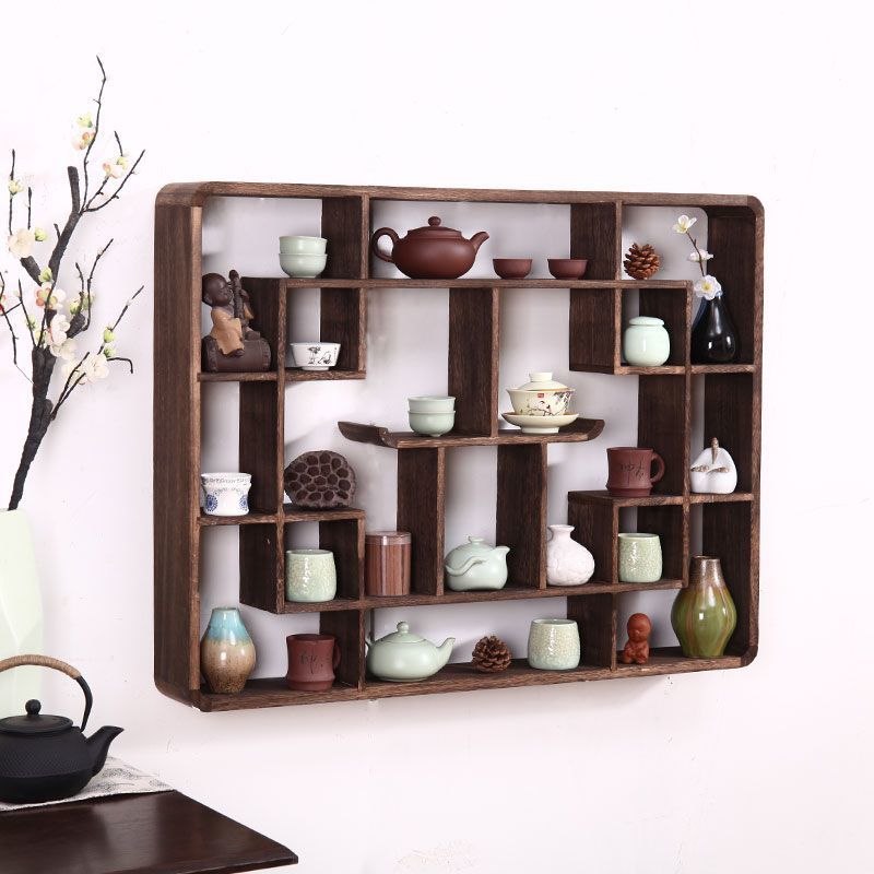 茶架 壁掛茶架 茶具收納架 杯架 博古架實木中式壁掛展示架置物架多寶閣仿古茶架茶壺架子C15 2