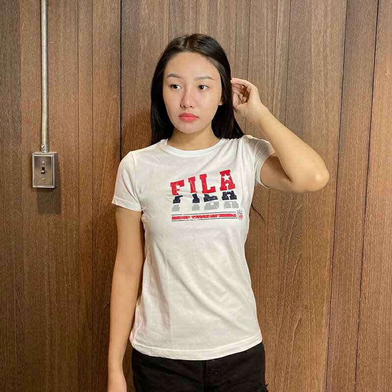 美國百分百【全新真品】 FILA 短袖 T恤 T-shirt 運動潮流 女 腰身 圓領 logo 白色 BF25