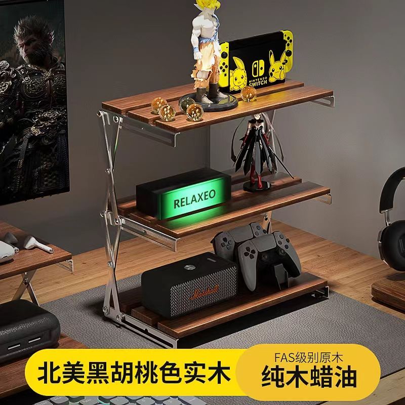 可折疊實木桌面三層置物架便攜式小桌子整理書房電競桌搭收納架子