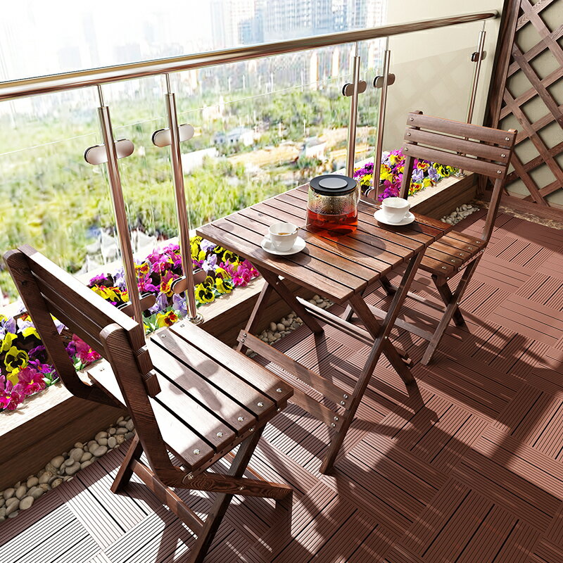 戶外陽臺防腐木可折疊桌椅三件套組合室外休閑實木庭院小茶幾套裝