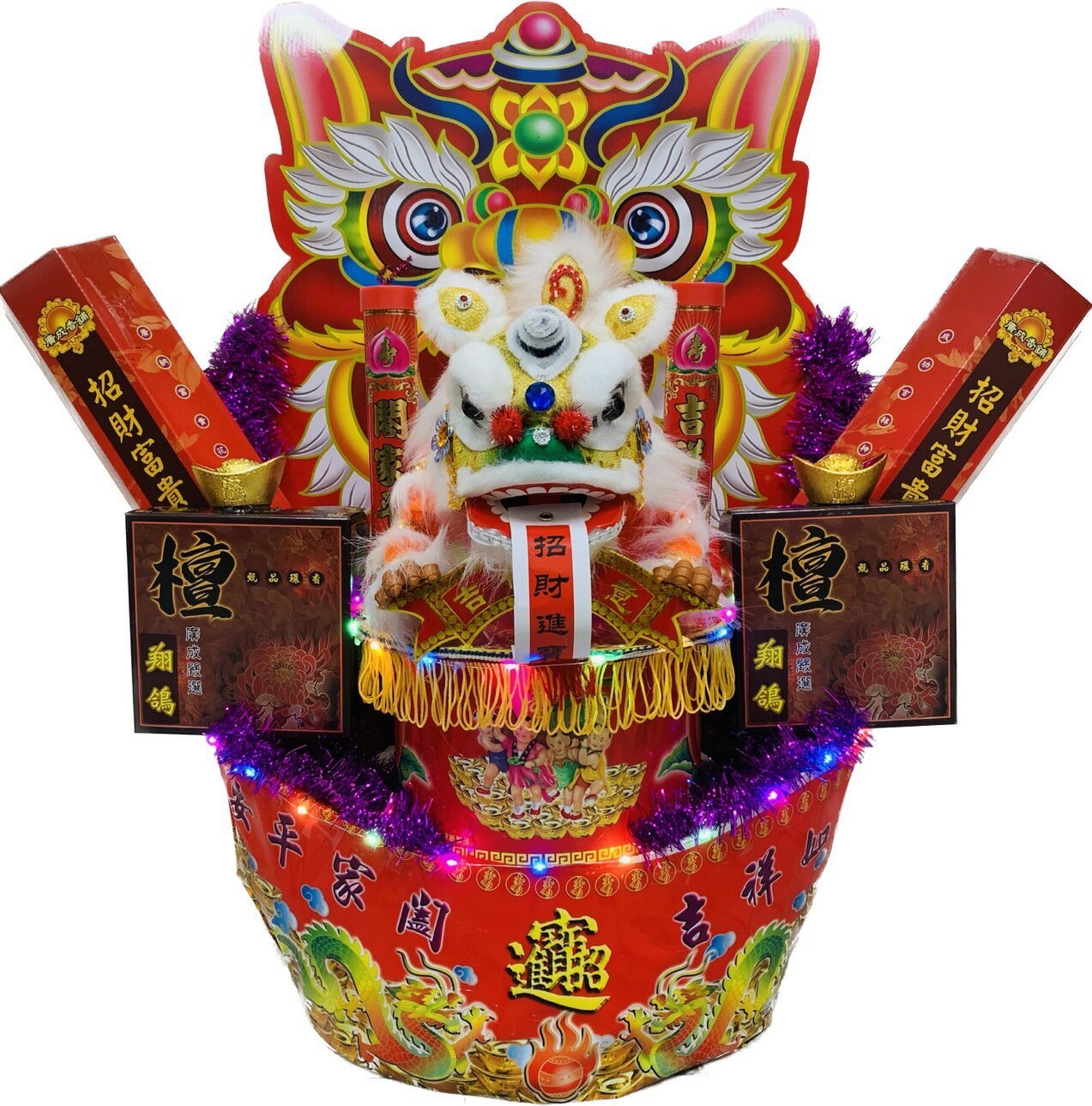 壽桃塔X祝壽塔X交換禮物X創意生日禮物 (不需插電)有燈桌上型祝壽元寶獅(純香版) 含花牌高約3尺2