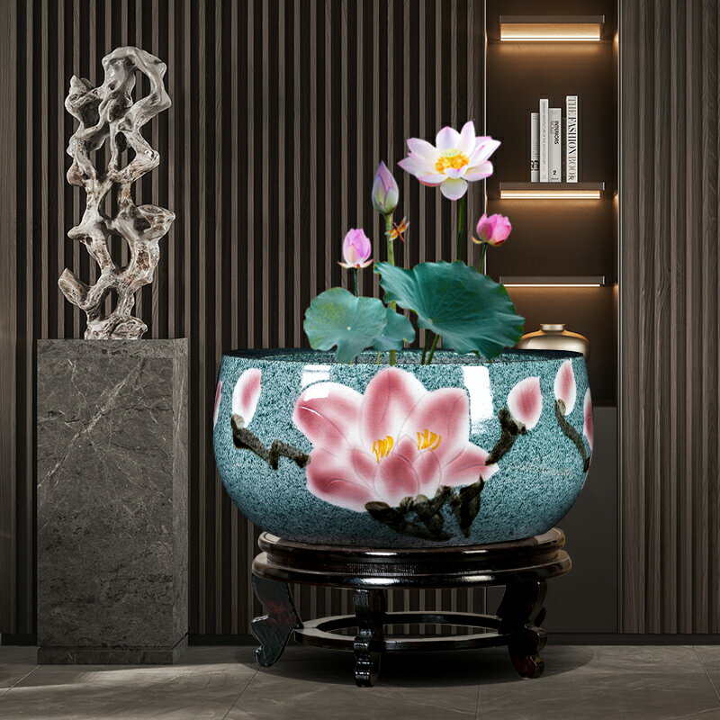 景德鎮陶瓷荷韻魚缸客廳桌面創意小型辦公室造景植物擺件家用裝飾