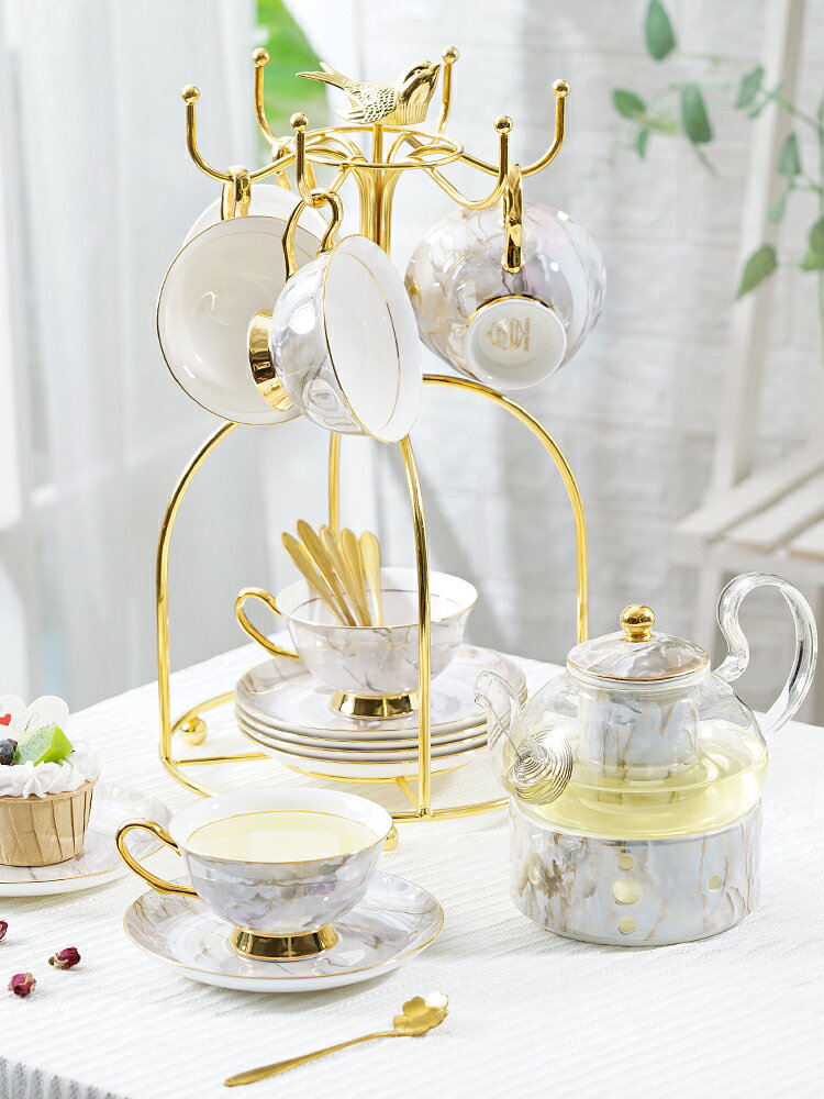 歐式大理石紋下午茶茶具水果茶壺帶過濾英式陶瓷玻璃花茶具套裝
