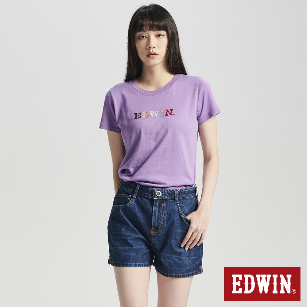 EDWIN 圓點刺繡印花短袖T恤-女款 灰紫色