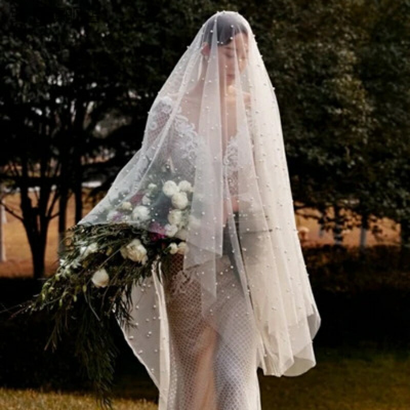 新款新娘復古珍珠頭紗大小珍珠素紗婚禮旅拍影樓攝影道具