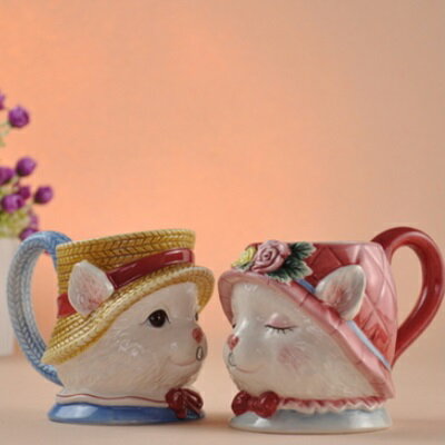 咖啡杯 彩繪馬克杯(一對)-立體貓咪造型情侶對杯陶瓷水杯72ax11【獨家進口】【米蘭精品】