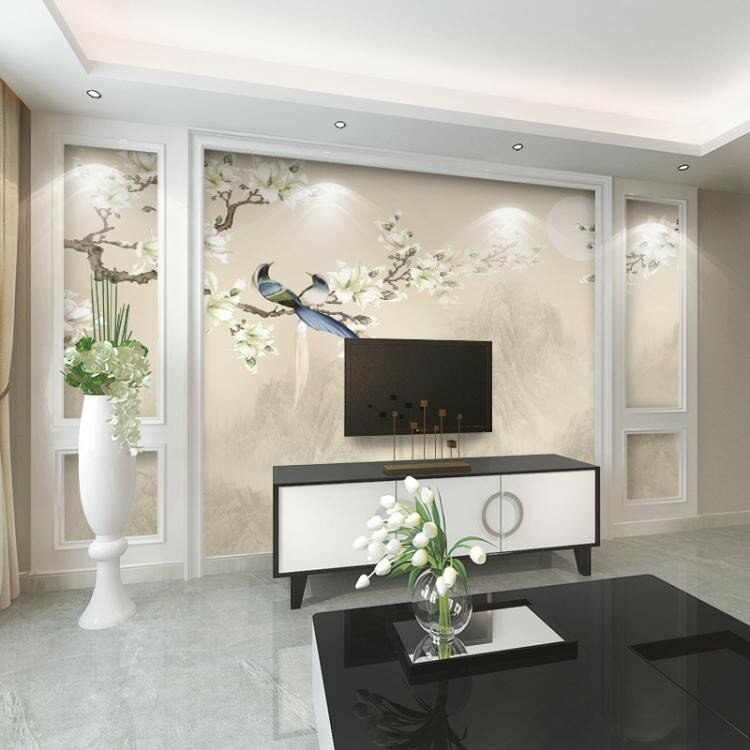 中式花鳥電視背景牆壁紙客廳臥室裝飾牆紙簡約現代8d壁畫影視牆布