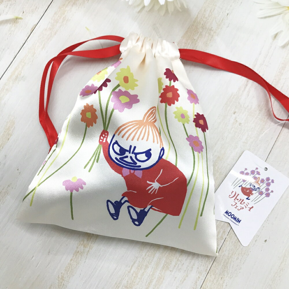 日本 moomin 嚕嚕米 小不點 緞面 束口袋(珍珠白)｜小鶴日貨