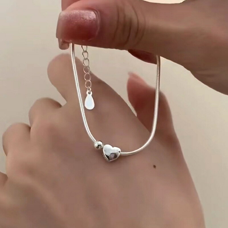 s925純銀心球蛇骨手鍊女簡約甜美銀珠愛心韓版ins小眾手飾氣質感