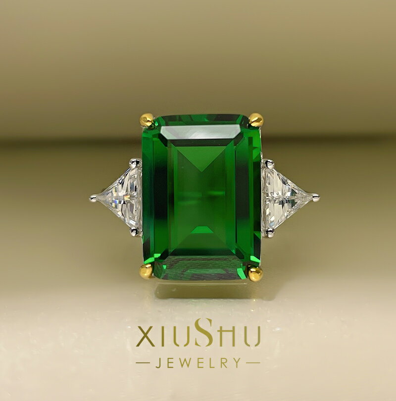 XIUSHU高定10克拉大冰糖祖母綠戒指女純銀食指誇張科技鉆火彩璀璨