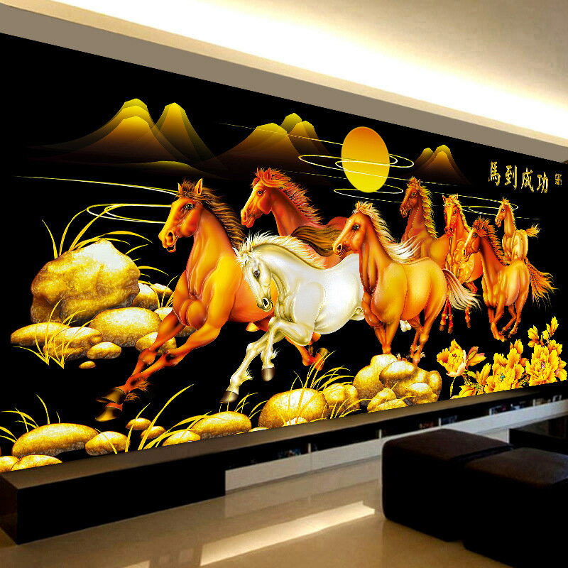 新款現代中式客廳餐廳臥室書房背景墻5d鉆石畫十字繡馬到成功