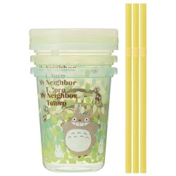 【真愛日本】16071100015日本製三入吸管杯附蓋-龍貓綠葉森林 龍貓 TOTORO 豆豆龍 吸管杯 餐具