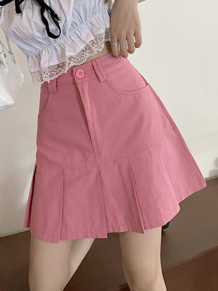 粉色氣質百褶裙半身裙女夏季年新款裙子高腰顯瘦休閑a字短裙