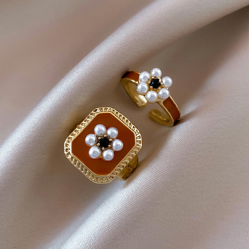 珍珠戒指女ins潮小眾設計時尚個性兩件套開口可調節食指指環