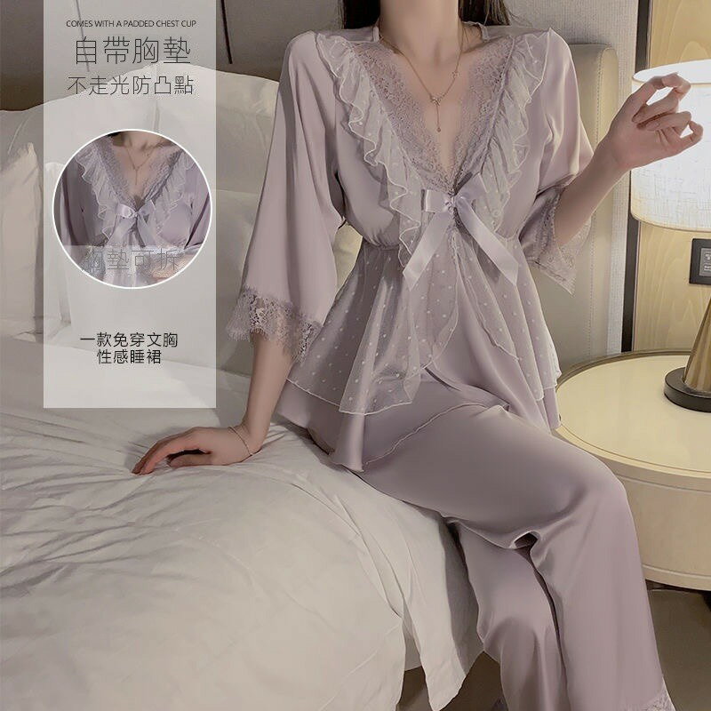 睡衣女 蕾絲花邊性感睡衣套裝 成套睡衣 雪紡居家服 V領套頭襯衫九分褲睡褲家居服 帶胸墊女生睡衣