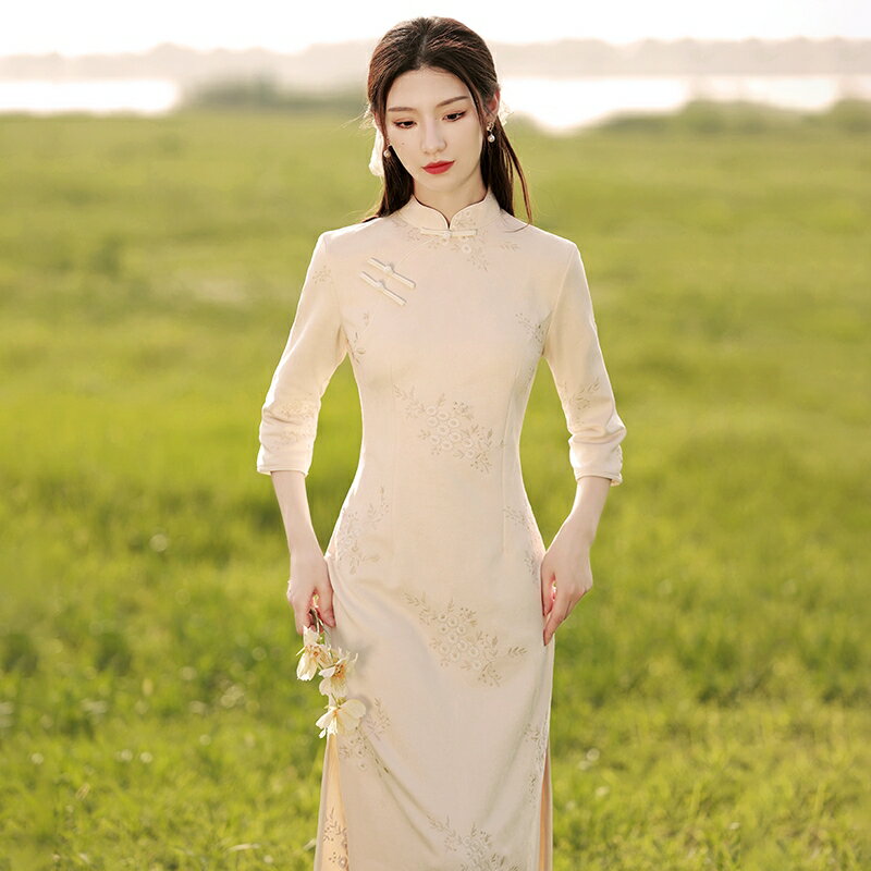 旗袍 旗袍洋裝 洋裝 旗袍2023年新款秋款長袖年輕款氣質高端茶服女秋冬茶藝師服裝女『ZW6532』