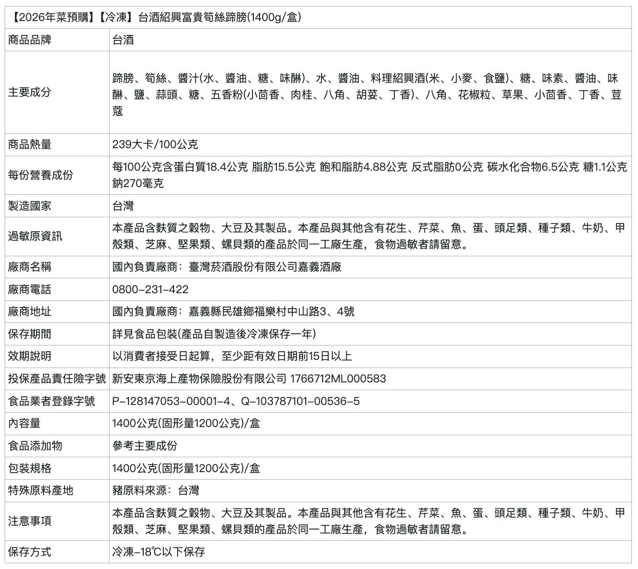 【台酒旗艦店】台酒富滿平安組(適合6~8人)(10道) 2026台酒年菜預購 到貨區間:1/26-1/30【冷凍】 6
