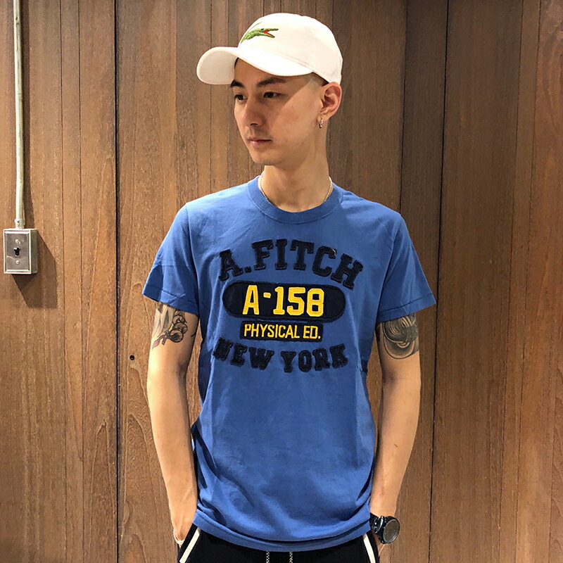 美國百分百【Abercrombie & Fitch】T恤 AF 短袖 T-shirt 麋鹿 復古 電繡 藍色 J948