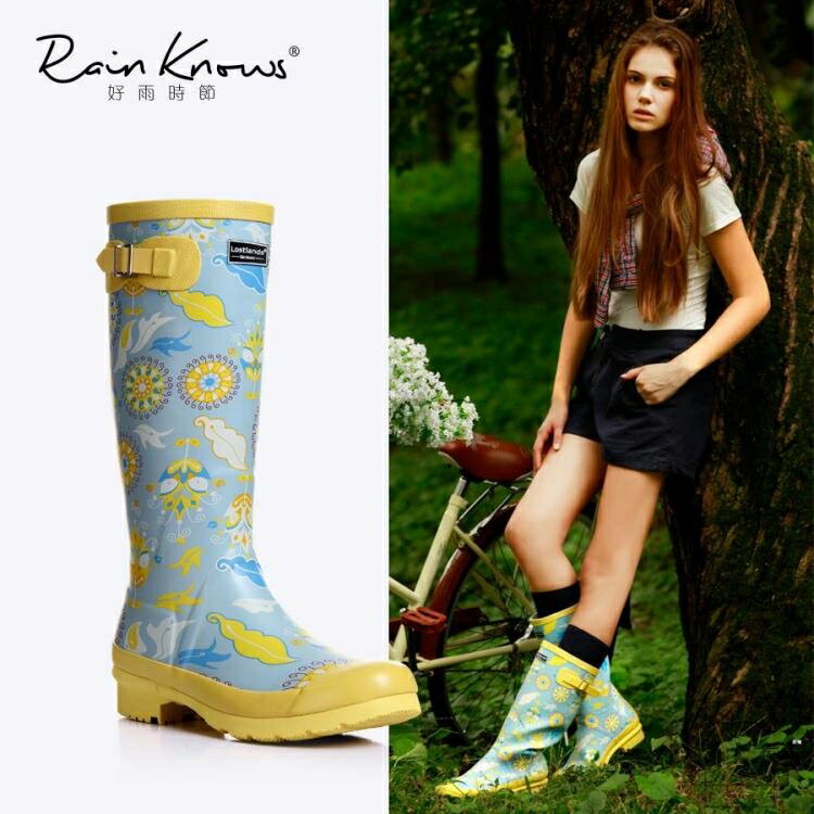 熱銷推薦~女式高筒雨鞋時尚印花雨靴橡膠歐美風高筒雨靴女、青木鋪子