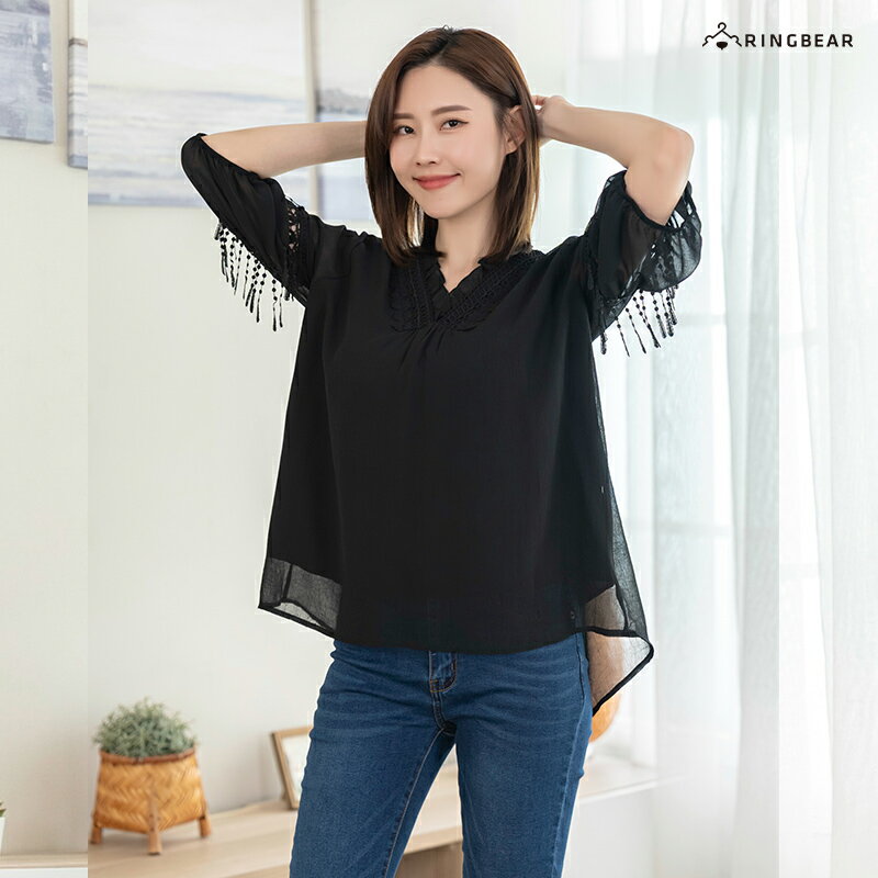 奢華優美V領蕾絲拼接雪紡上衣